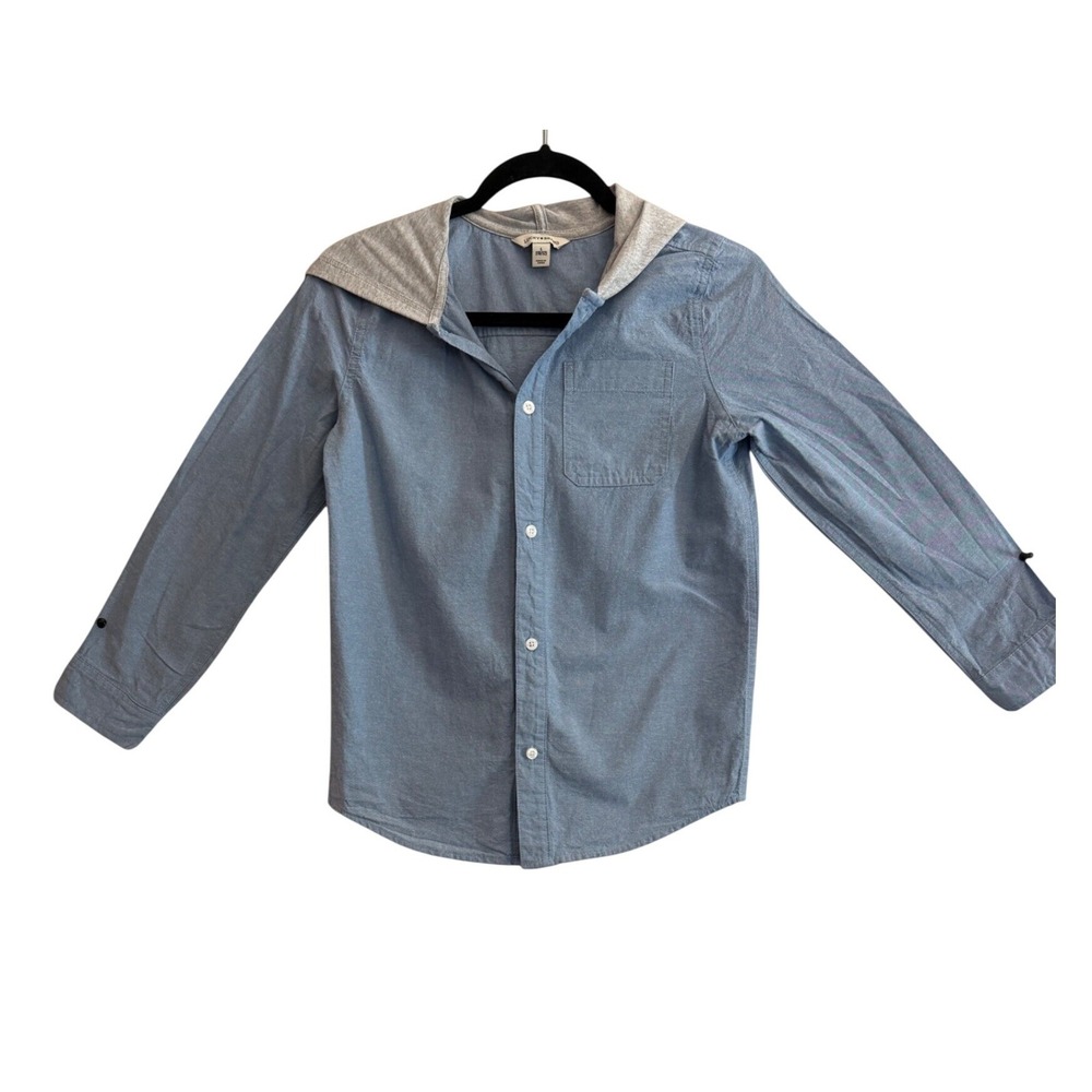 Lucky Brand Hooded Button Down Kids L 10/12 Blue Grey Casual Layering Shirt